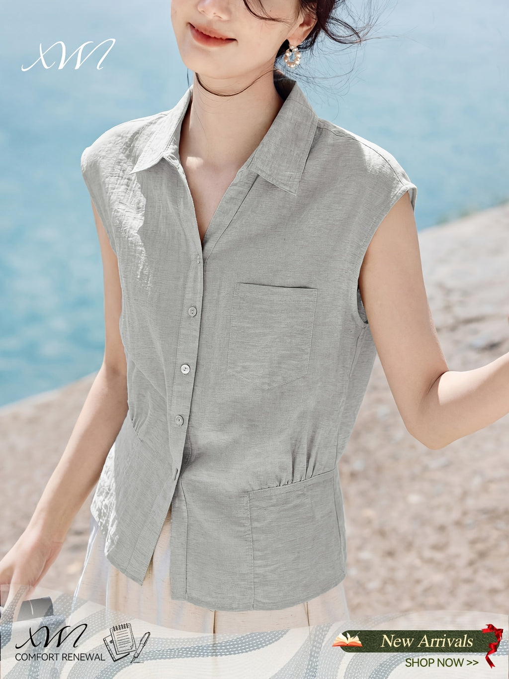 XWI a Summer New Style Women'S Shirt [Three-Quarter Sleeves Light Oxygen Commuting] Daily Commuting Office Wear Spring Summer Women'S New Style Three-Quarter Sleeves Three-Dimensional Lapel Pleated Waist-Cinching Shirt