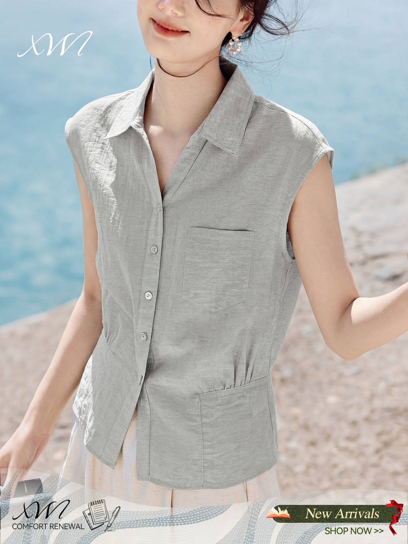 XWI a Summer New Style Women'S Shirt [Three-Quarter Sleeves Light Oxygen Commuting] Daily Commuting Office Wear Spring Summer Women'S New Style Three-Quarter Sleeves Three-Dimensional Lapel Pleated Waist-Cinching Shirt
