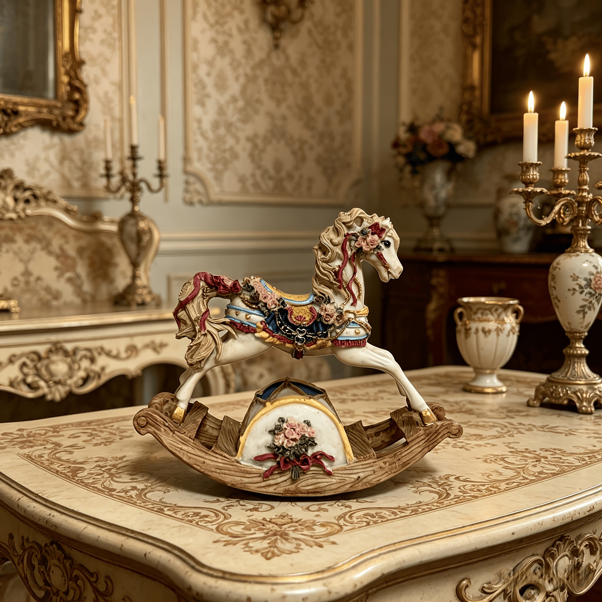 1pc Vintage European Rocking Horse Figurine - Resin Rocaille Horse with Floral Base & Rocker Motion Suitable for Living Room,, Desktop Decor - Luxury Fairy Tale Gift for, Birthday, Housewarming Presents, Historical Collectible