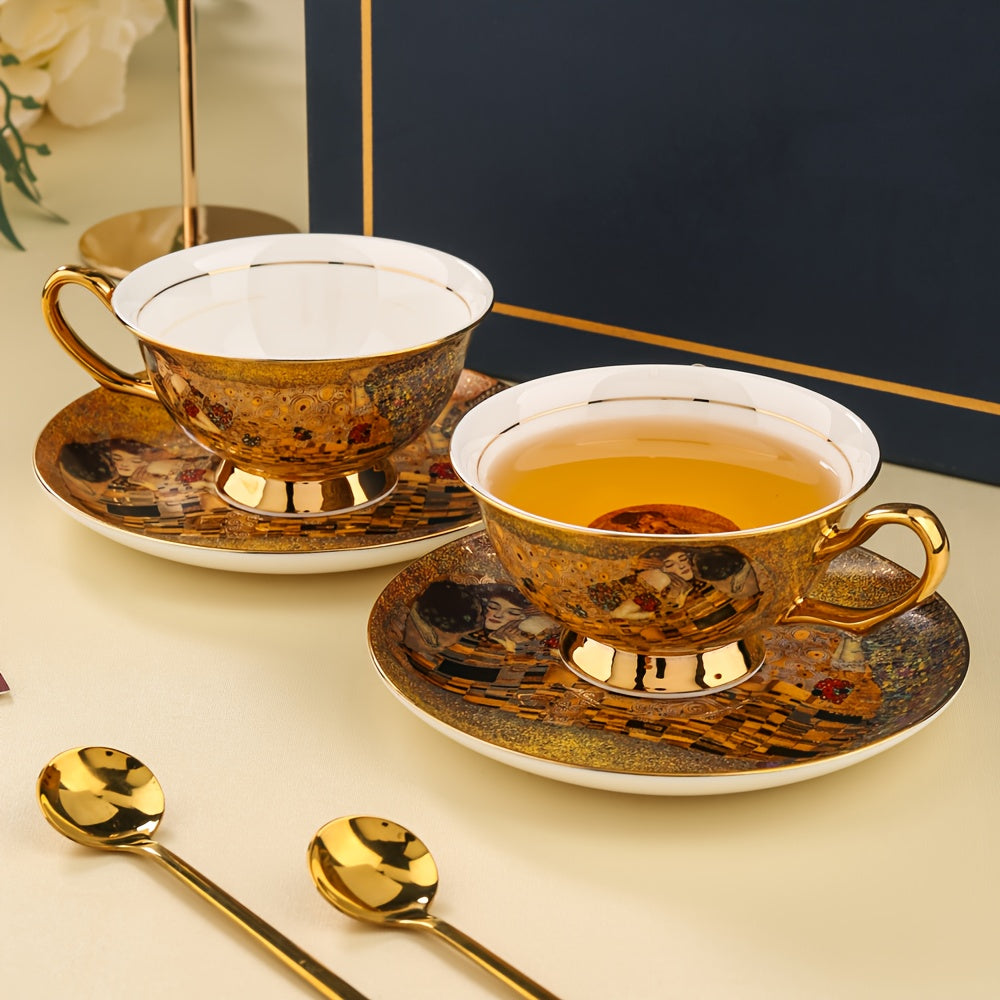 Evropski luksuzni visokokvalitetni šolj za kafu od kostane porcelana sa zlatnim ivicama, delikatni romantični engleski set za čaj sa šoljom, tanjirićem i kašikom, 1 šolja, 1 tanjirić, 1 kašika, poštarom, 200ml/7.03oz