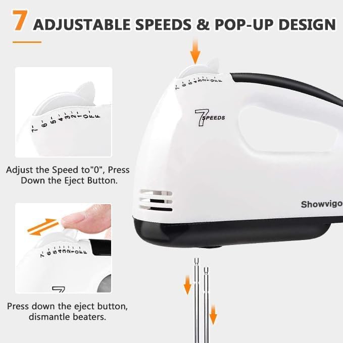 Electric Hand mixer - 7 Adjustable Speed 180W Handheld Mixer Electric Whisk with 5 Stainless Steel Accessories, Turbo Boost/Self-Control Speed + Eject Button Food Beater for Cakes Eggs, Off-white