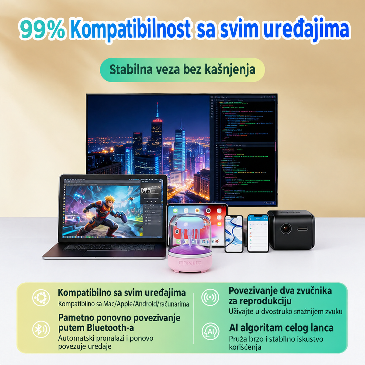 Luminisana kreativna RGB lampa 4. generacije u obliku meduze, desktop subwoofer sa belim šumom i Bluetooth zvučnikom