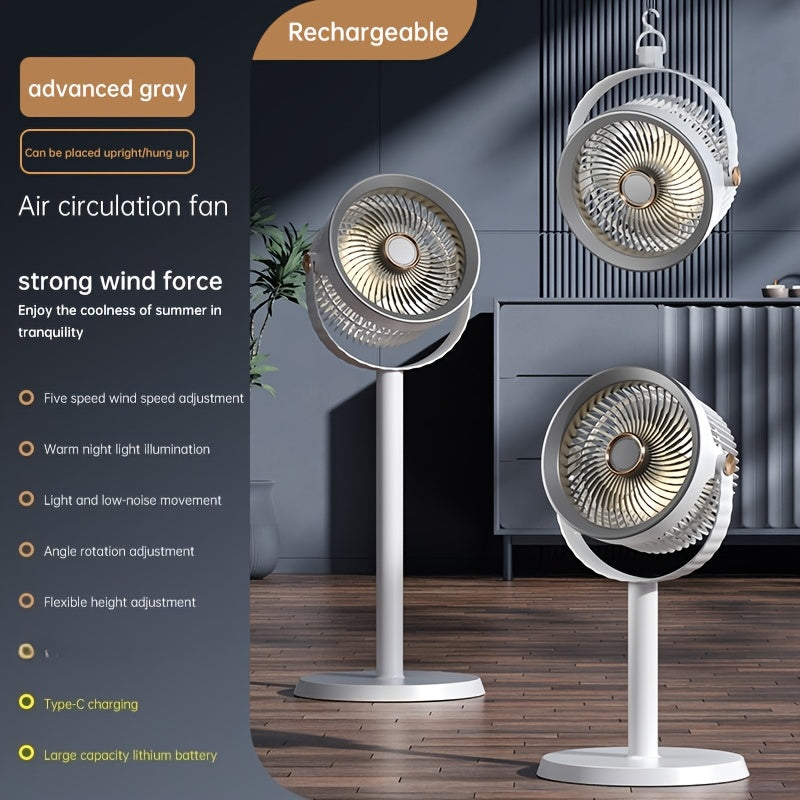 2026 New Rechargeable Air Circulator Fan, 5-Speed Adjustable Silent Floor Fan with Built-In Warm Light Night Light, 360° Rotatable And Height Adjustable, Dual Use for Hanging And Tabletop, Suitable for Bedroom, Office, And Outdoor Camping