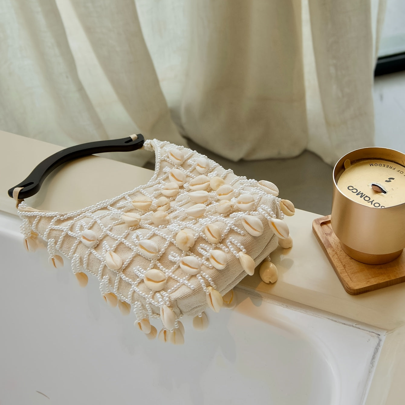 Women's Beaded Checkered ic Closure Handbag with Shell Pendant & Wood-Shaped Handle - Solid Color Suitable for Dinners, Parties, Weddings, Proms, Daily Wear - Elegant Versatile Bag for Dresses, Casual & Formal Outfits