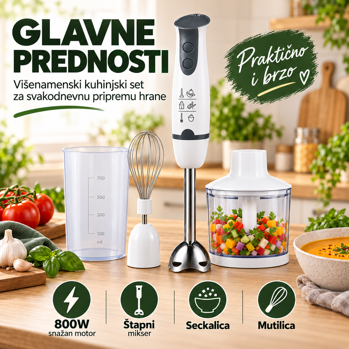 Štapni mikser set 800W – ručni blender sa seckalicom, mutilicom i posudom