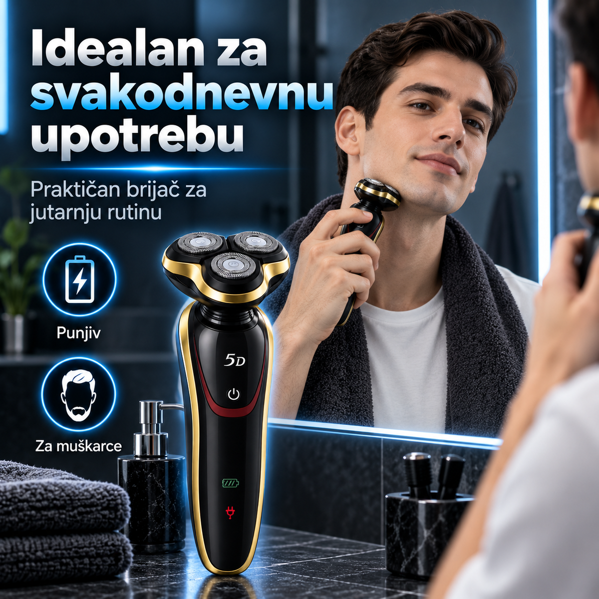 Punjivi električni brijač za muškarce – 5D glava za brijanje