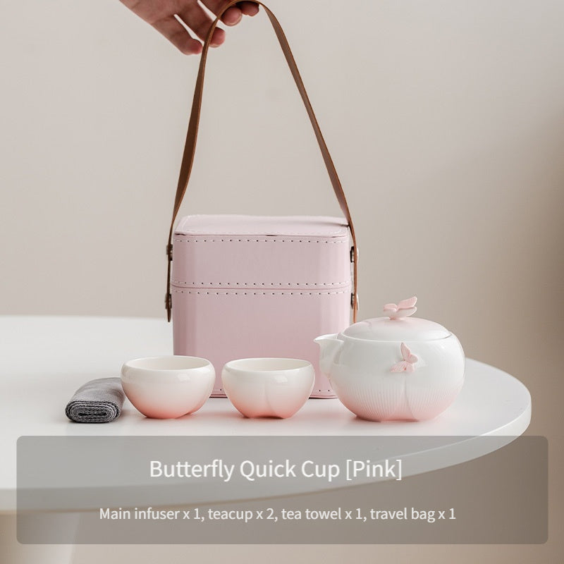 1 Set of Handmade Butterfly-shaped Ceramic Teapot, Including One Teapot and Two Cups with a Storage Bag, Portable Kung Fu Tea Set for Outdoor Camping, a Cute and Creative Gift