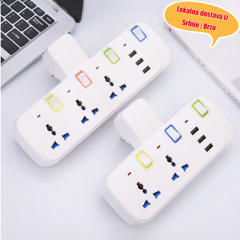 Višestruki razvodnik sa adapterom, 3 AC univerzalne utičnice + 2 USB porta zidno punjačko produžetak, pojedinačni prekidač višestruki pretvarač utičnica za dom, putovanja, kancelariju