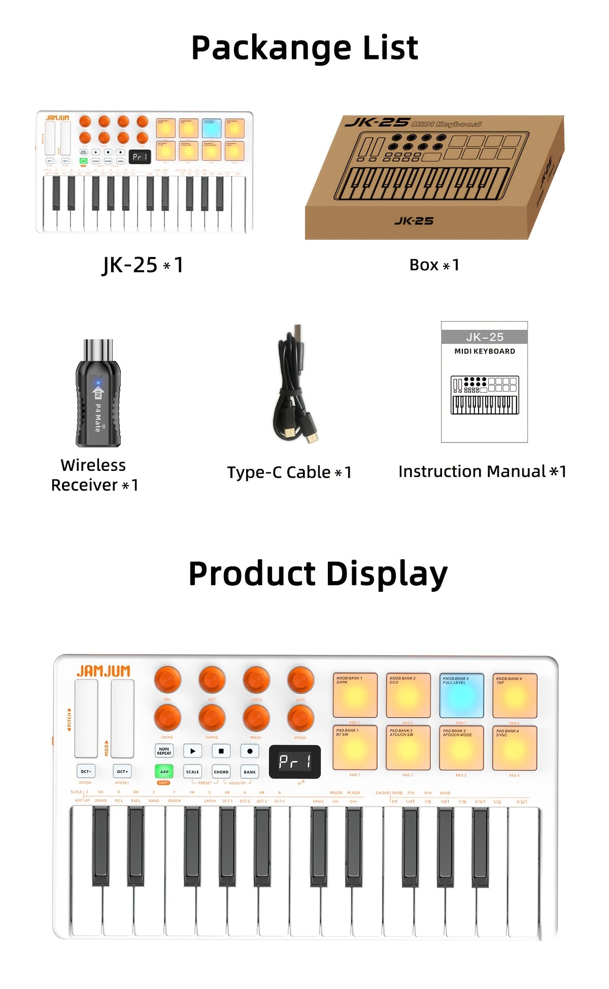 JAMJUM 25-Key MIDI klavijatura sa Drum Pad/Knob, bežičnom konekcijom, DAW kontrolom, podržava bežični MIDI OUT, punjiva baterija sa MIDI risiverom