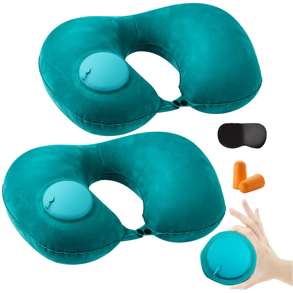 2PCS Inflatable Travel Pillow, Adjustable Inflatable Neck Pillow, Portable Fast Inflatable Pillow U-Shaped with Eye Mask,Earplug and Carry Bag, for Airplanes,Traveling,Lumbar Support (Grey)
