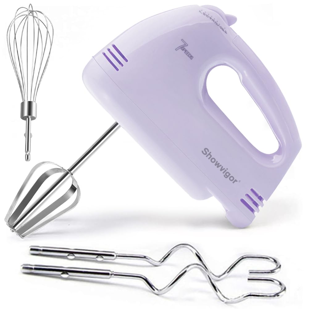 Electric Hand mixer - 7 Adjustable Speed 180W Handheld Mixer Electric Whisk with 5 Stainless Steel Accessories, Turbo Boost/Self-Control Speed + Eject Button Food Beater for Cakes Eggs, Off-white