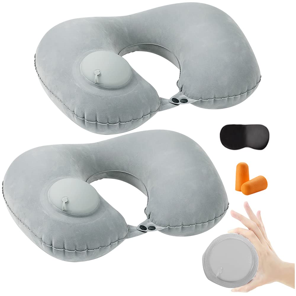 2PCS Inflatable Travel Pillow, Adjustable Inflatable Neck Pillow, Portable Fast Inflatable Pillow U-Shaped with Eye Mask,Earplug and Carry Bag, for Airplanes,Traveling,Lumbar Support (Grey)