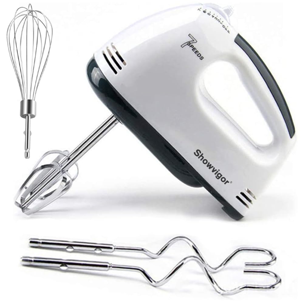 Electric Hand mixer - 7 Adjustable Speed 180W Handheld Mixer Electric Whisk with 5 Stainless Steel Accessories, Turbo Boost/Self-Control Speed + Eject Button Food Beater for Cakes Eggs, Off-white