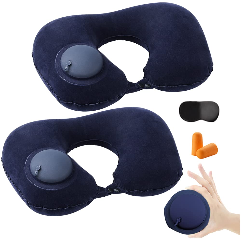 2PCS Inflatable Travel Pillow, Adjustable Inflatable Neck Pillow, Portable Fast Inflatable Pillow U-Shaped with Eye Mask,Earplug and Carry Bag, for Airplanes,Traveling,Lumbar Support (Grey)