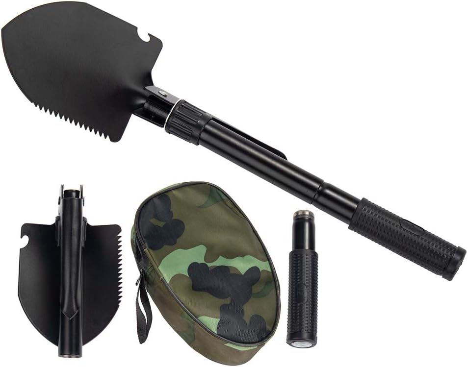 Gardening Folding Shovel Military Camping Shovel Survival Gear Entrenching Tool with Carrying Pouch Metal Handle for Camping Trekking Gardening Fishing Backpacking Snow (Black Zipper Pouch)