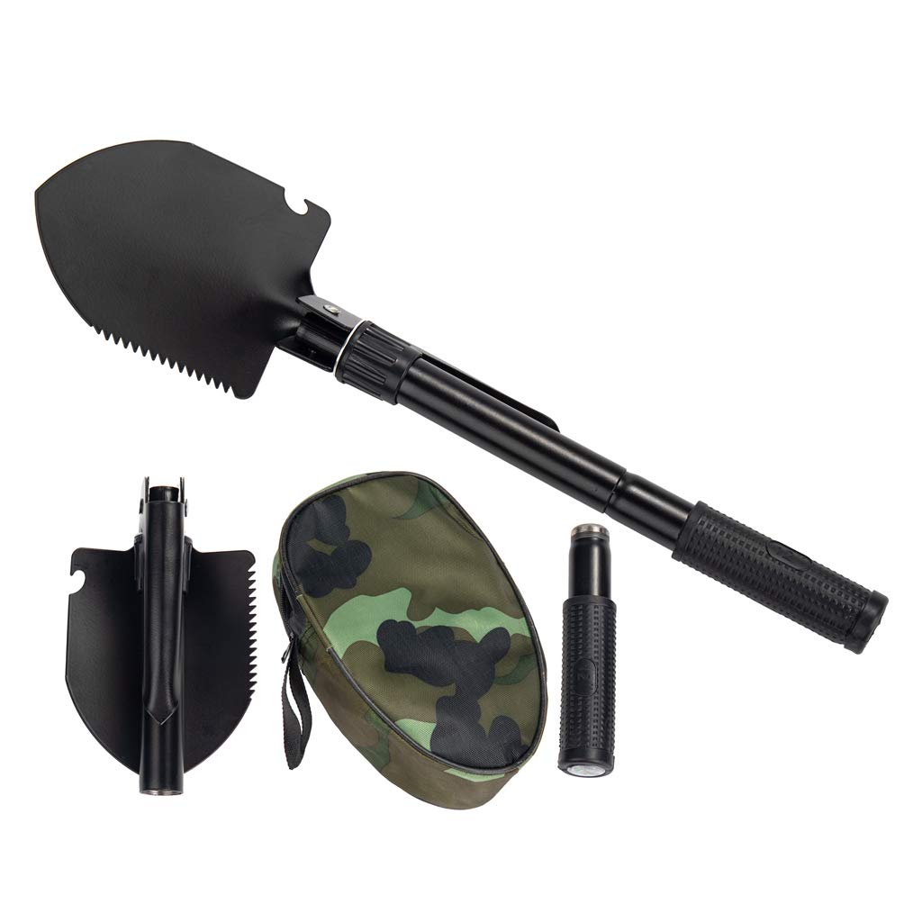 Gardening Folding Shovel Military Camping Shovel Survival Gear Entrenching Tool with Carrying Pouch Metal Handle for Camping Trekking Gardening Fishing Backpacking Snow (Black Zipper Pouch)