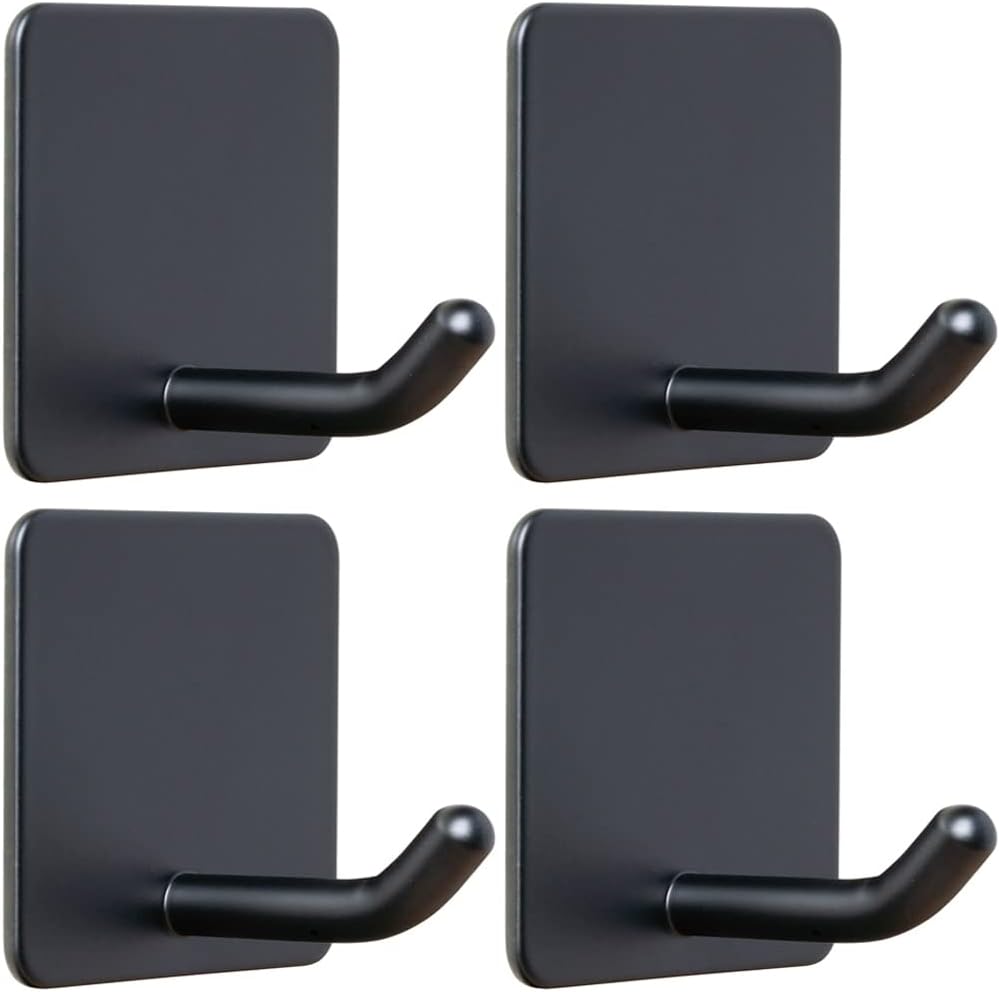 FOTYRIG Adhesive Towel Hooks No Drill Wall Hooks Stick on Wall Hangers Shower Hooks for Inside Shower Bathrooms Kitchen Door Black -4 Packs