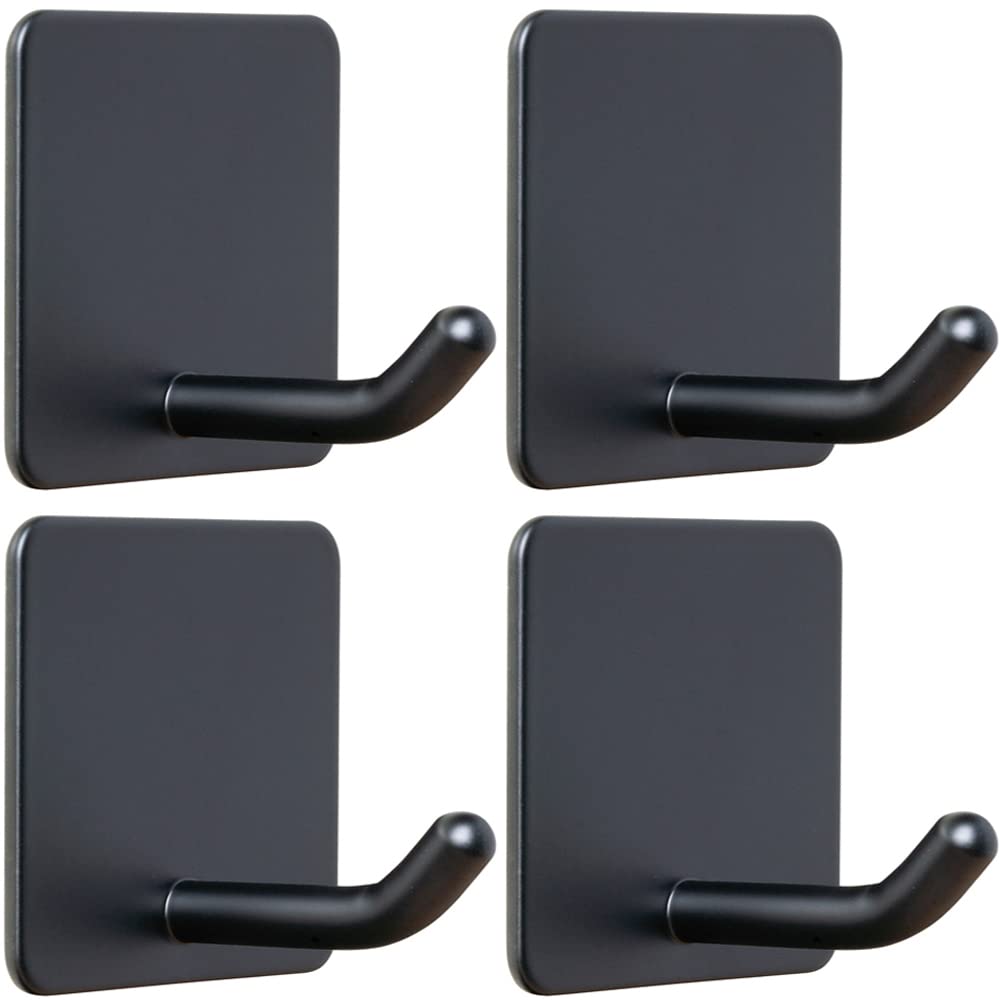 FOTYRIG Adhesive Towel Hooks No Drill Wall Hooks Stick on Wall Hangers Shower Hooks for Inside Shower Bathrooms Kitchen Door Black -4 Packs