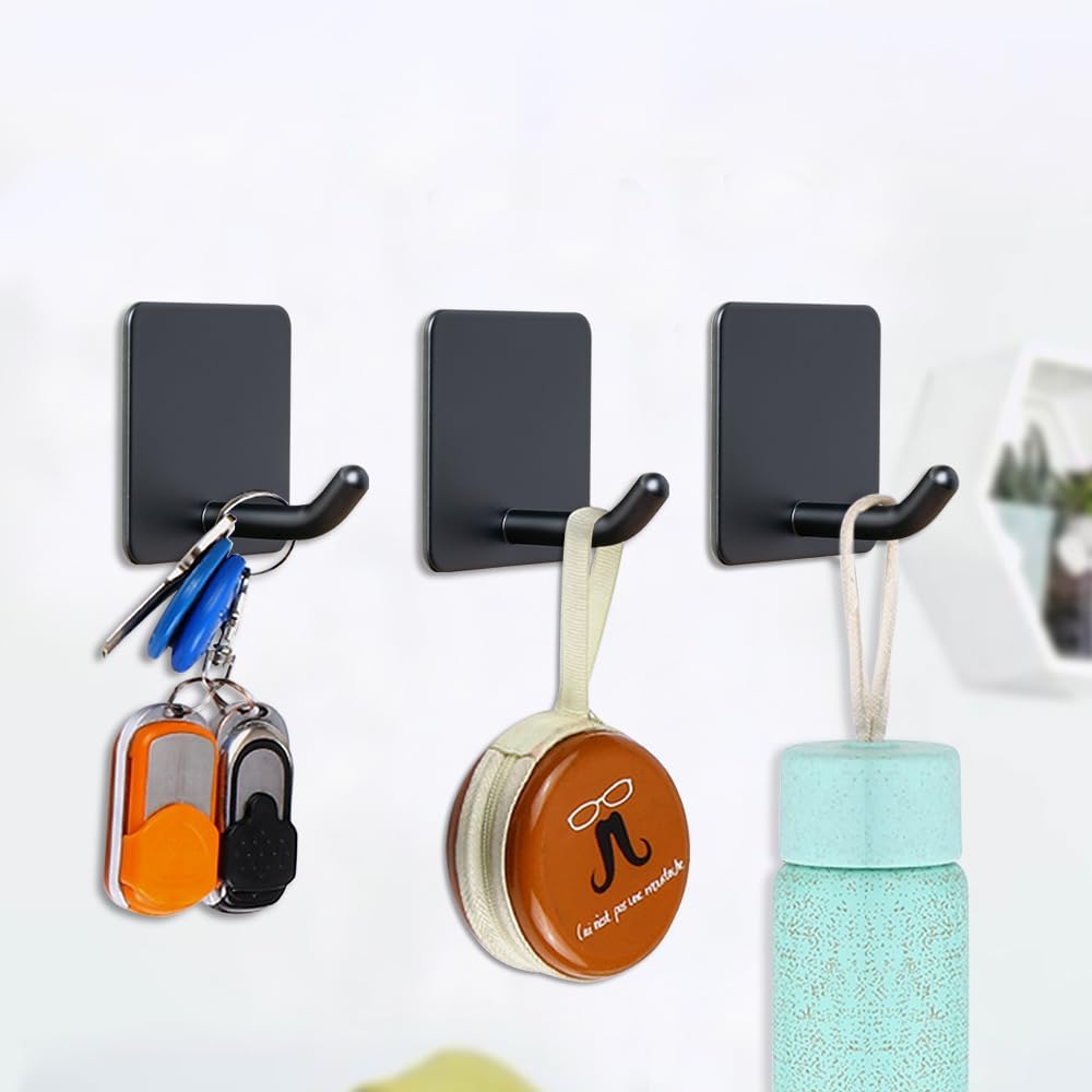 FOTYRIG Adhesive Towel Hooks No Drill Wall Hooks Stick on Wall Hangers Shower Hooks for Inside Shower Bathrooms Kitchen Door Black -4 Packs