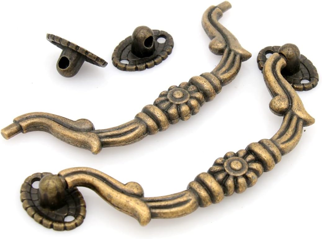4 PCs Vintage Antique Brass Bail Pull Handle for Dresser, Wooden Drawer, Cabinet Cupboard, Medium Size, Total Length 4.2-in (10.7 cm) and Height 1.7-in (4.4 cm)