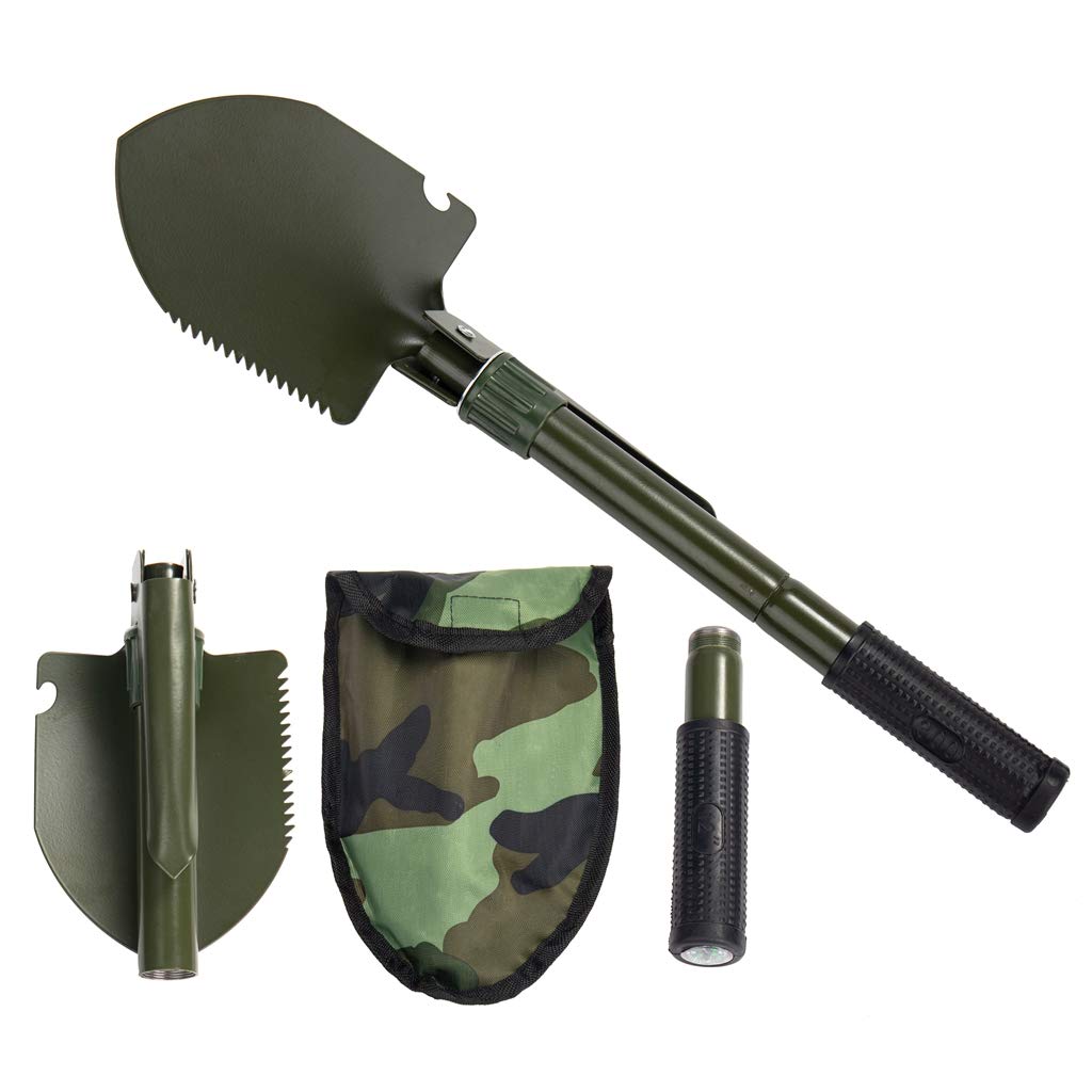 Gardening Folding Shovel Military Camping Shovel Survival Gear Entrenching Tool with Carrying Pouch Metal Handle for Camping Trekking Gardening Fishing Backpacking Snow (Black Zipper Pouch)