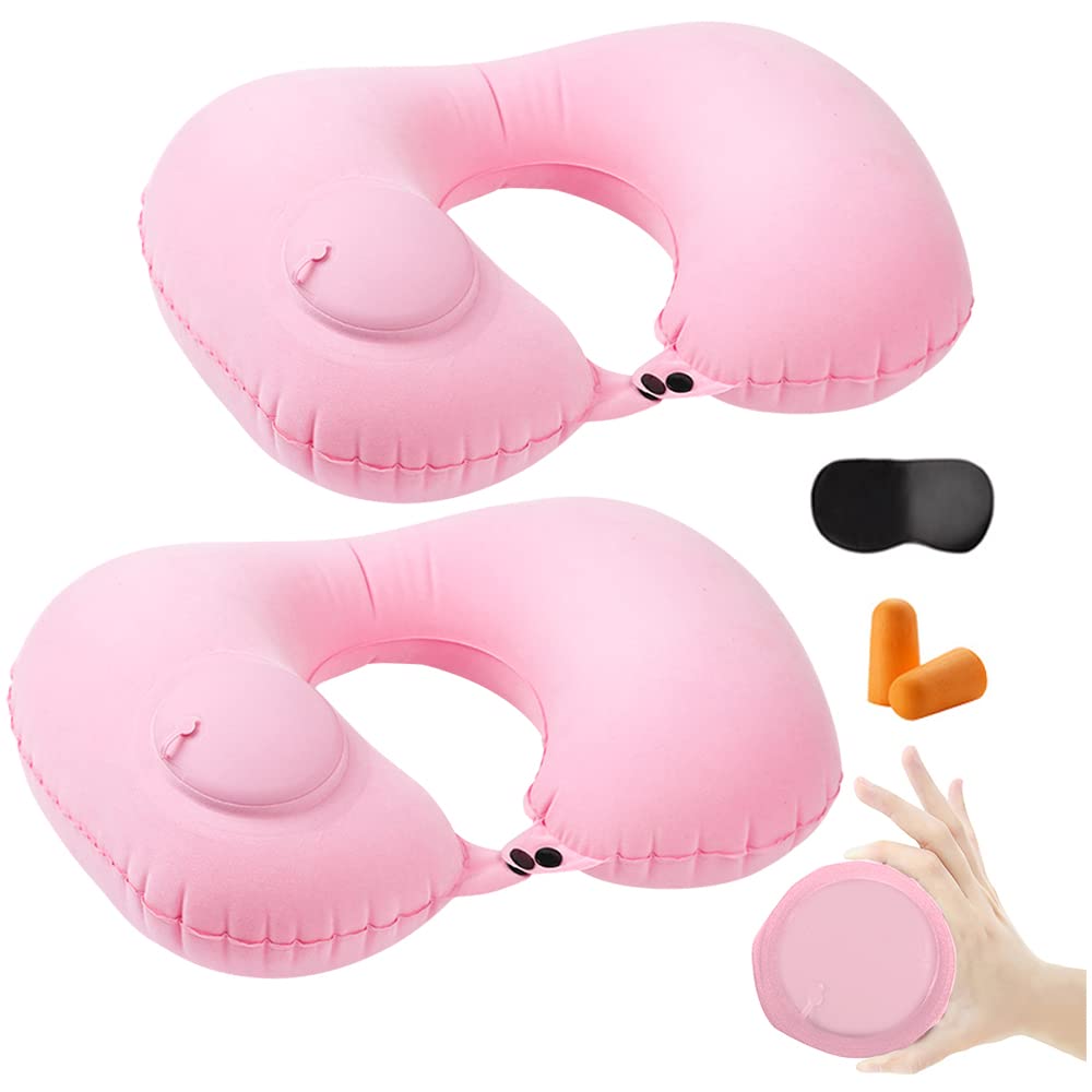 2PCS Inflatable Travel Pillow, Adjustable Inflatable Neck Pillow, Portable Fast Inflatable Pillow U-Shaped with Eye Mask,Earplug and Carry Bag, for Airplanes,Traveling,Lumbar Support (Grey)