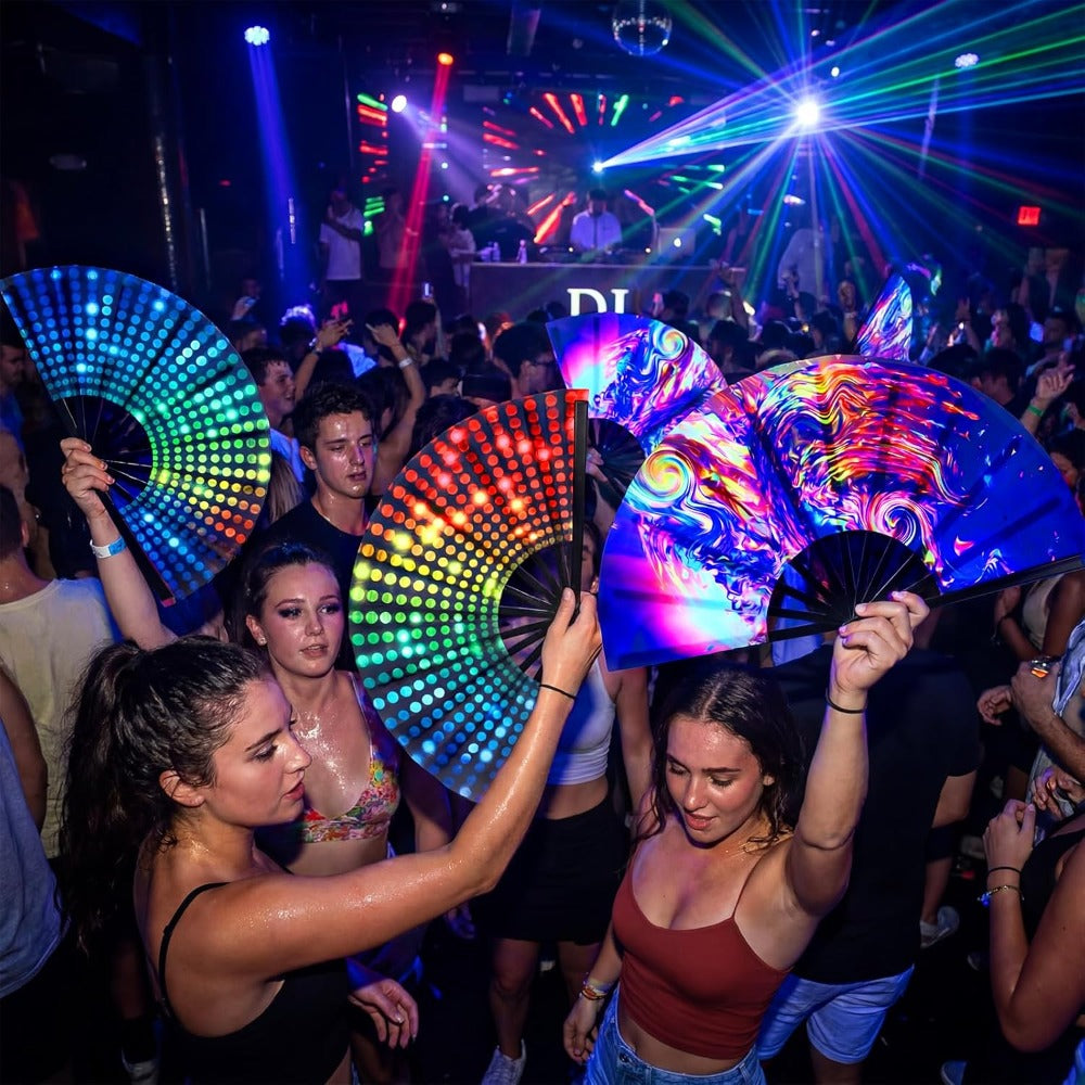 6 komada UV svetlećih velikih sklopivih ručnih lepeza za rejv, muškarce i žene, pljeskajuće lepeze za linijski ples, kineske i japanske klik lepeze za EDM muzički festival, klub, zabavu, ples, poklon