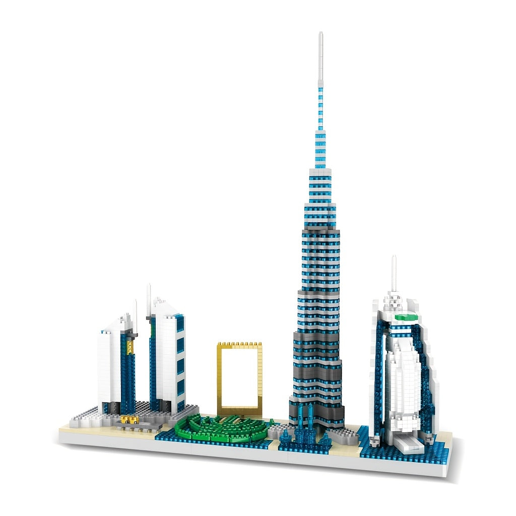 Model građevinskih blokova sa mikro česticama sa siluetom Dubaija, sa Burj Khalifom, hotelom Jumeirah Beach i scenom fontane, kreativan poklon za dečake. Statična verzija, bez struje, bez kutije u boji