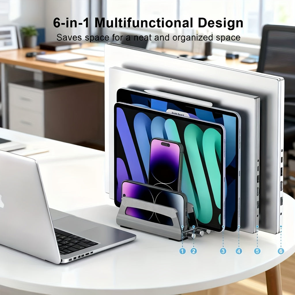 6-Slot Desktop Vertical Laptop Organizer Stand, Adjustable Base Suitable for Laptops, Ipads, Phones, And Study Machines