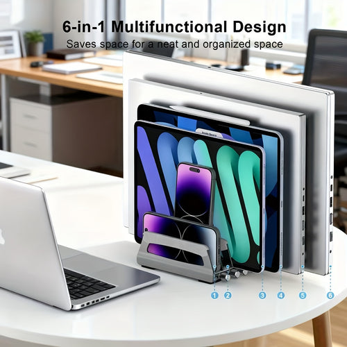 6-Slot Desktop Vertical Laptop Organizer Stand, Adjustable Base Suitable for Laptops, Ipads, Phones, And Study Machines