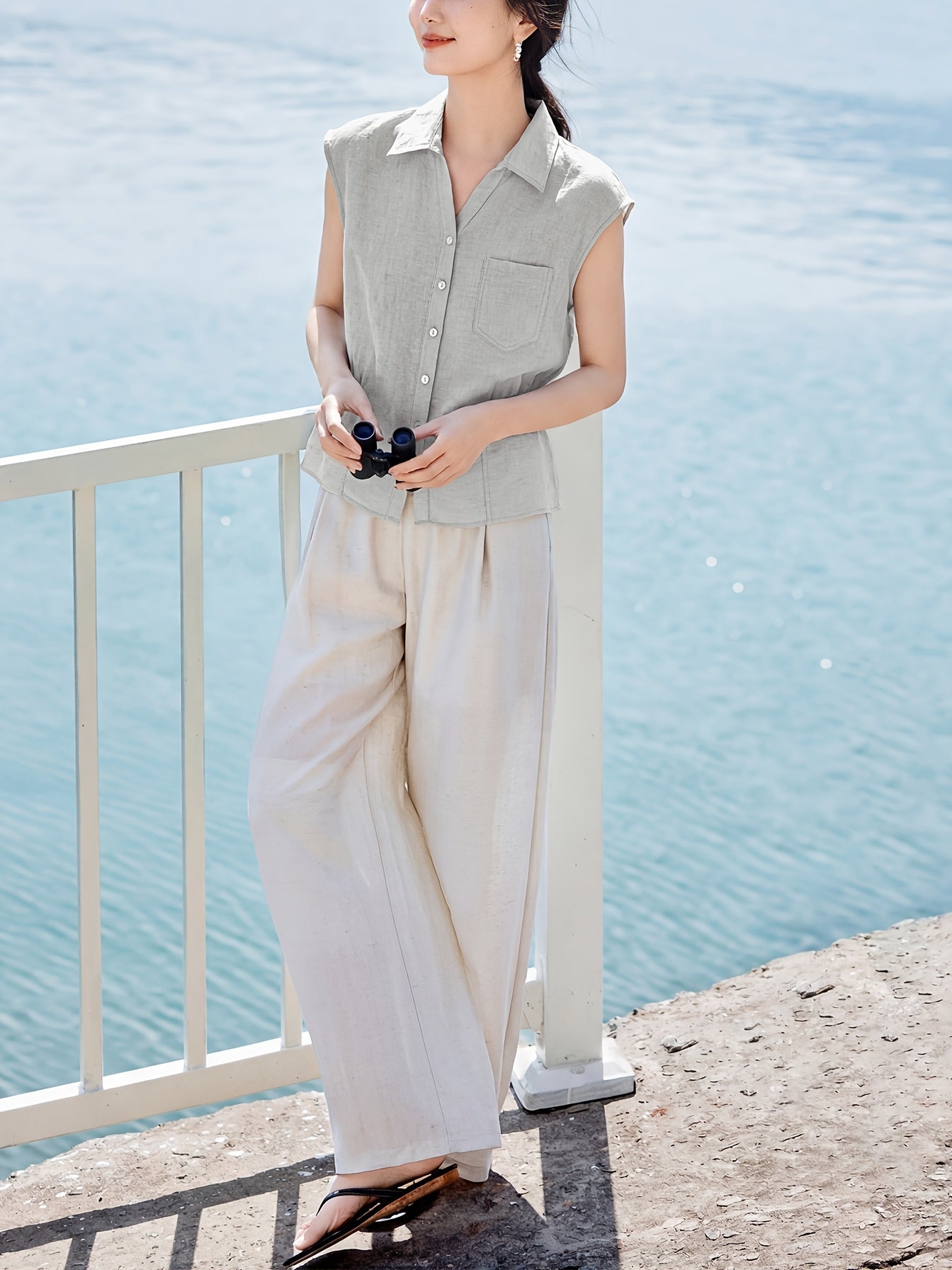 XWI a Summer New Style Women'S Shirt [Three-Quarter Sleeves Light Oxygen Commuting] Daily Commuting Office Wear Spring Summer Women'S New Style Three-Quarter Sleeves Three-Dimensional Lapel Pleated Waist-Cinching Shirt