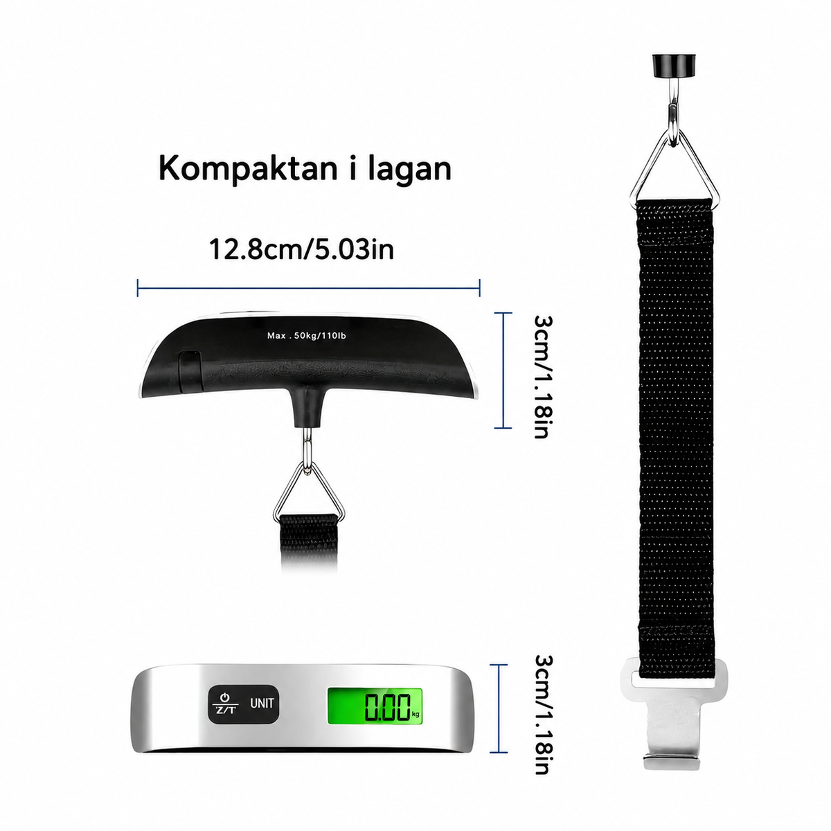 Prenosiva elektronska digitalna putna vaga za prtljag, kapacitet 50kg/10g