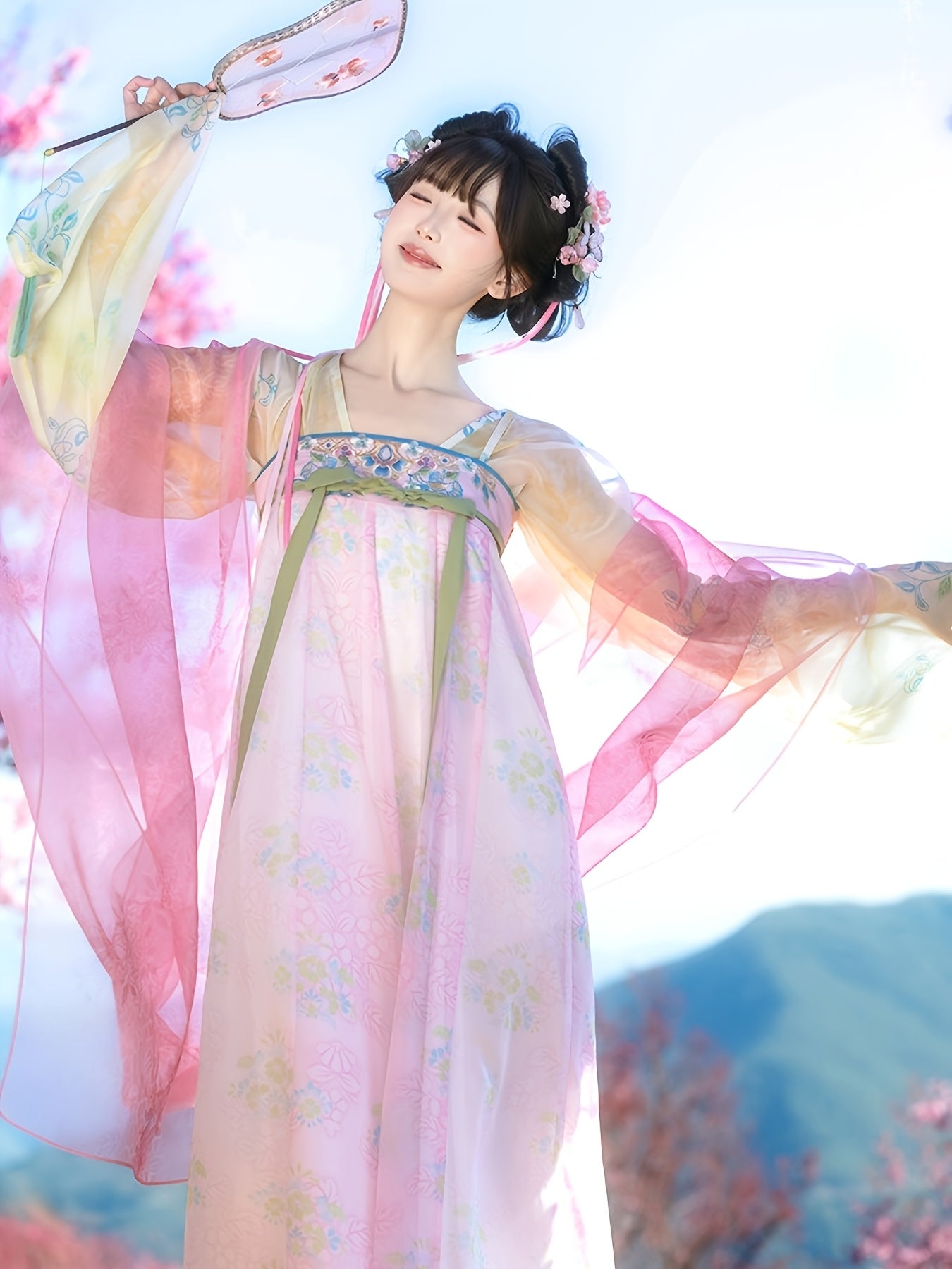 Set Hanfu u stilu dinastije Tang do prsa za žene, Proleće/Leto Hanfu, Gornji deo + Suknja + Šal