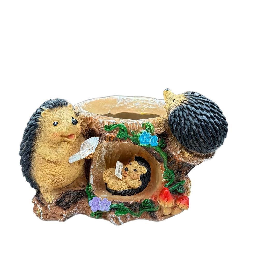 Resin Hedgehog Family Garden Statue with Flower Pot Base - Rustic Outdoor Decoration Suitable for Lawns, Courtyards, Christmas Gifts, Ground Stake Figurine for Gardens,, and Decor (Wooden Stake)