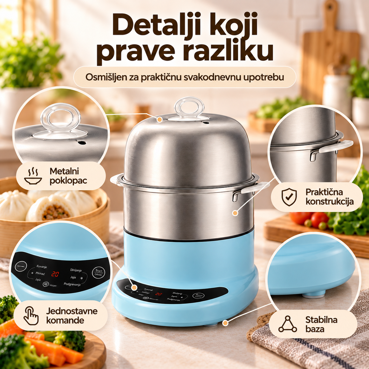 Električni kuvar na pari 350W – aparat za jaja i pripremu hrane sa dva nivoa