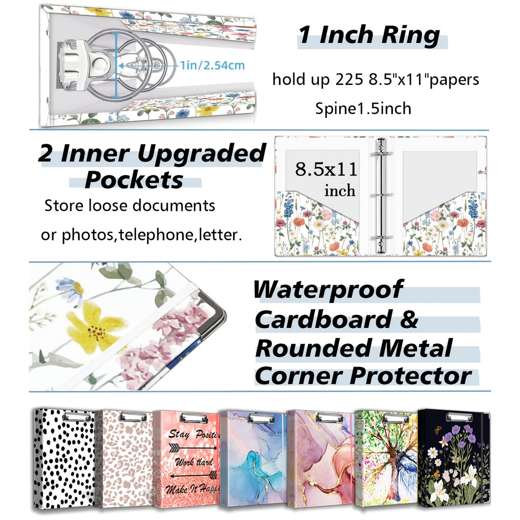 A4 Fascikla sa 3 rupe za slikanje mastilom, Floral Ring Clipboard fascikla, pogodna za papir formata Letter (21.59 X 27.94 cm), sa 5 komada pregrada za etikete i 1 kom torbe za dokumenta, za školu, kancelarijski materijal, recepte, note