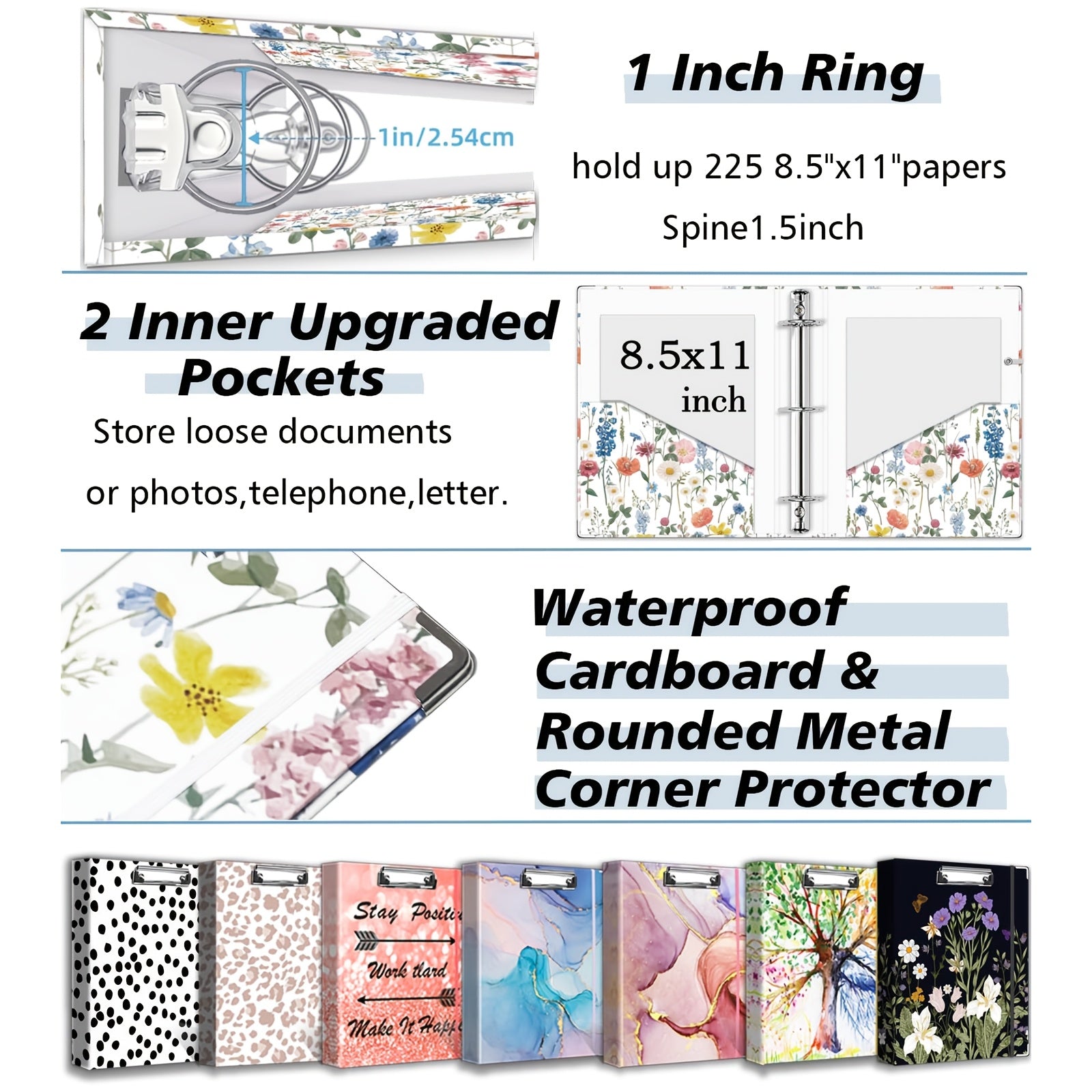 A4 Fascikla sa 3 rupe za slikanje mastilom, Floral Ring Clipboard fascikla, pogodna za papir formata Letter (21.59 X 27.94 cm), sa 5 komada pregrada za etikete i 1 kom torbe za dokumenta, za školu, kancelarijski materijal, recepte, note