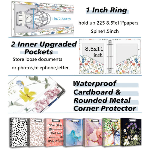 A4 Fascikla sa 3 rupe za slikanje mastilom, Floral Ring Clipboard fascikla, pogodna za papir formata Letter (21.59 X 27.94 cm), sa 5 komada pregrada za etikete i 1 kom torbe za dokumenta, za školu, kancelarijski materijal, recepte, note