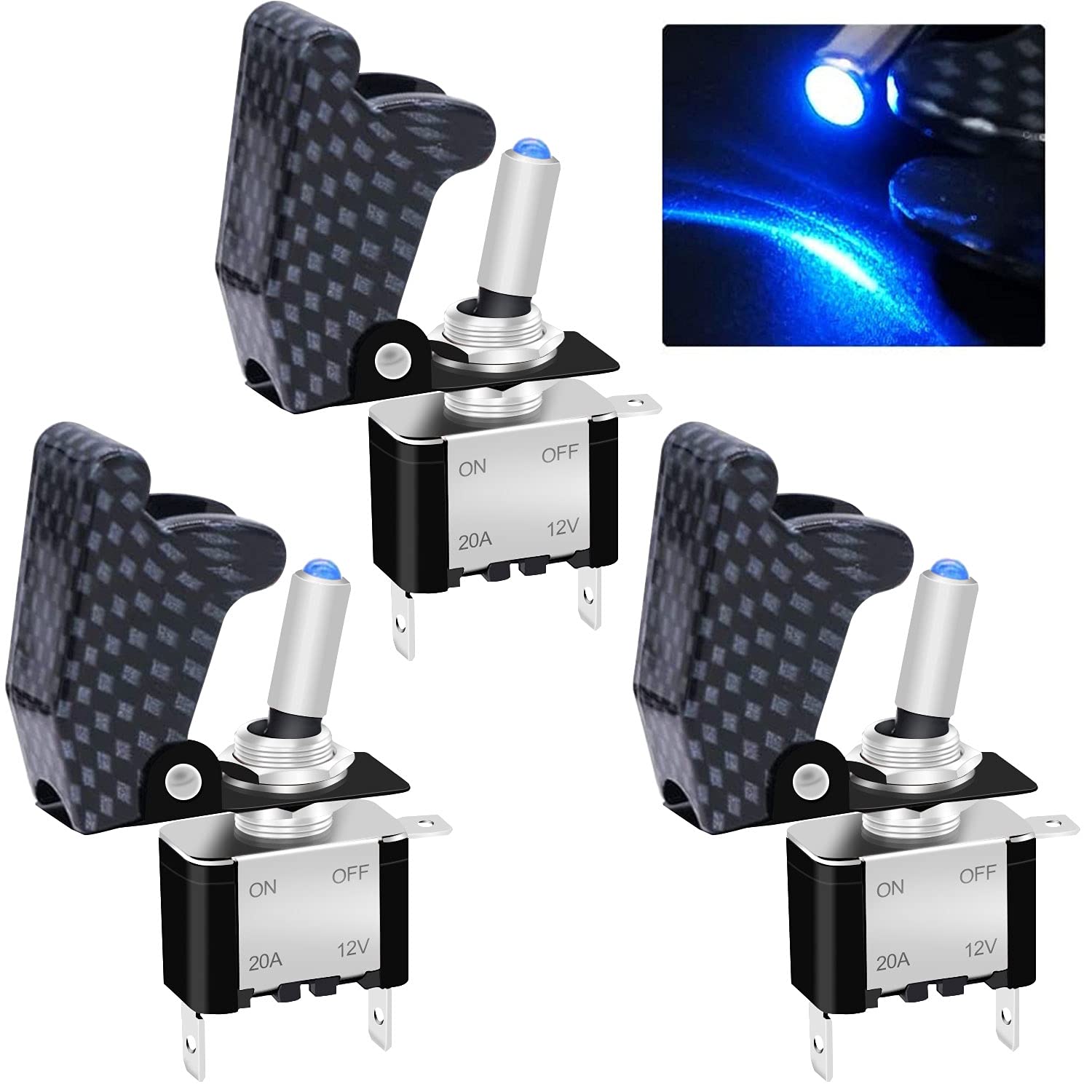 Twidec/3Pcs Rocker Toggle Switch 12V 20A Heavy Duty Racing Car Automotive Auto SPST ON/Off Toggle Switch Blue LED Light Illuminated 3Pin with Blue Waterproof Safety Cover ASW-07DBUBUMZ