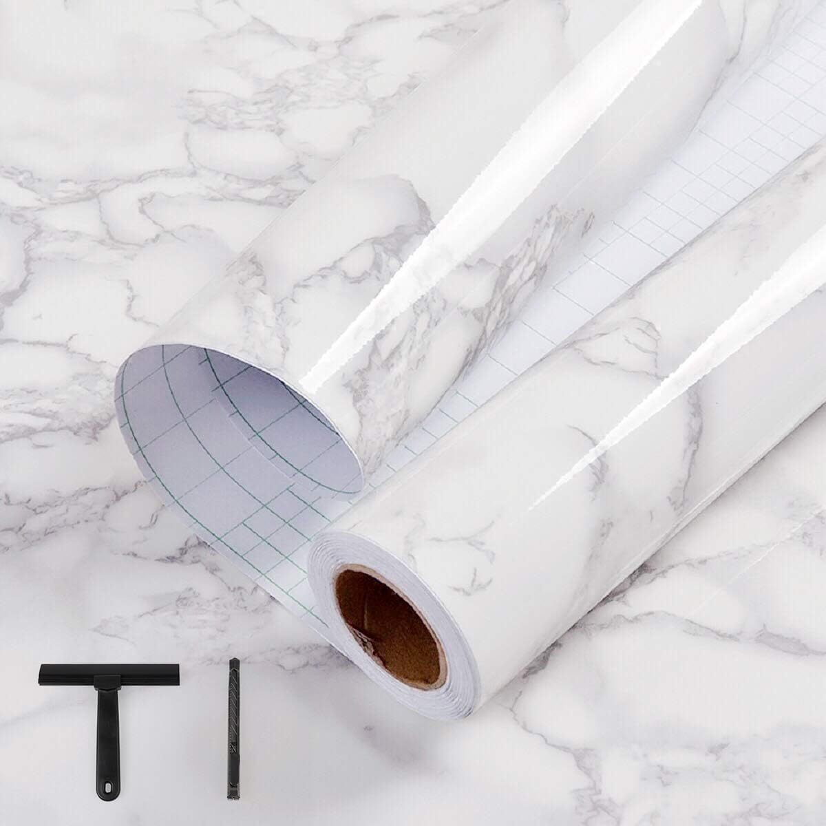 practicalWs Glossy Marble Contact Paper Granite White/Grey Kitchen Countertop Cabinets Furniture Refurbishment Wall Paper Thick Removable Wallpaper Peel and Stick Wall Decor Vinyl Wrap 11.8"x78.7"