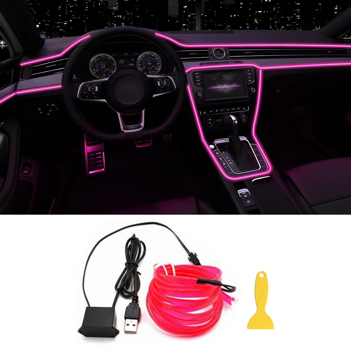 EL Wire Interior Car LED Strip Lights, 16.5FT USB Neon Glowing Strobing Electroluminescent Wire Strip with 6mm Sewing Edge, Ambient Lighting Kits for Car Indoor Decoration (Purple)