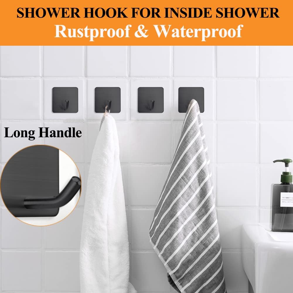 FOTYRIG Adhesive Towel Hooks No Drill Wall Hooks Stick on Wall Hangers Shower Hooks for Inside Shower Bathrooms Kitchen Door Black -4 Packs