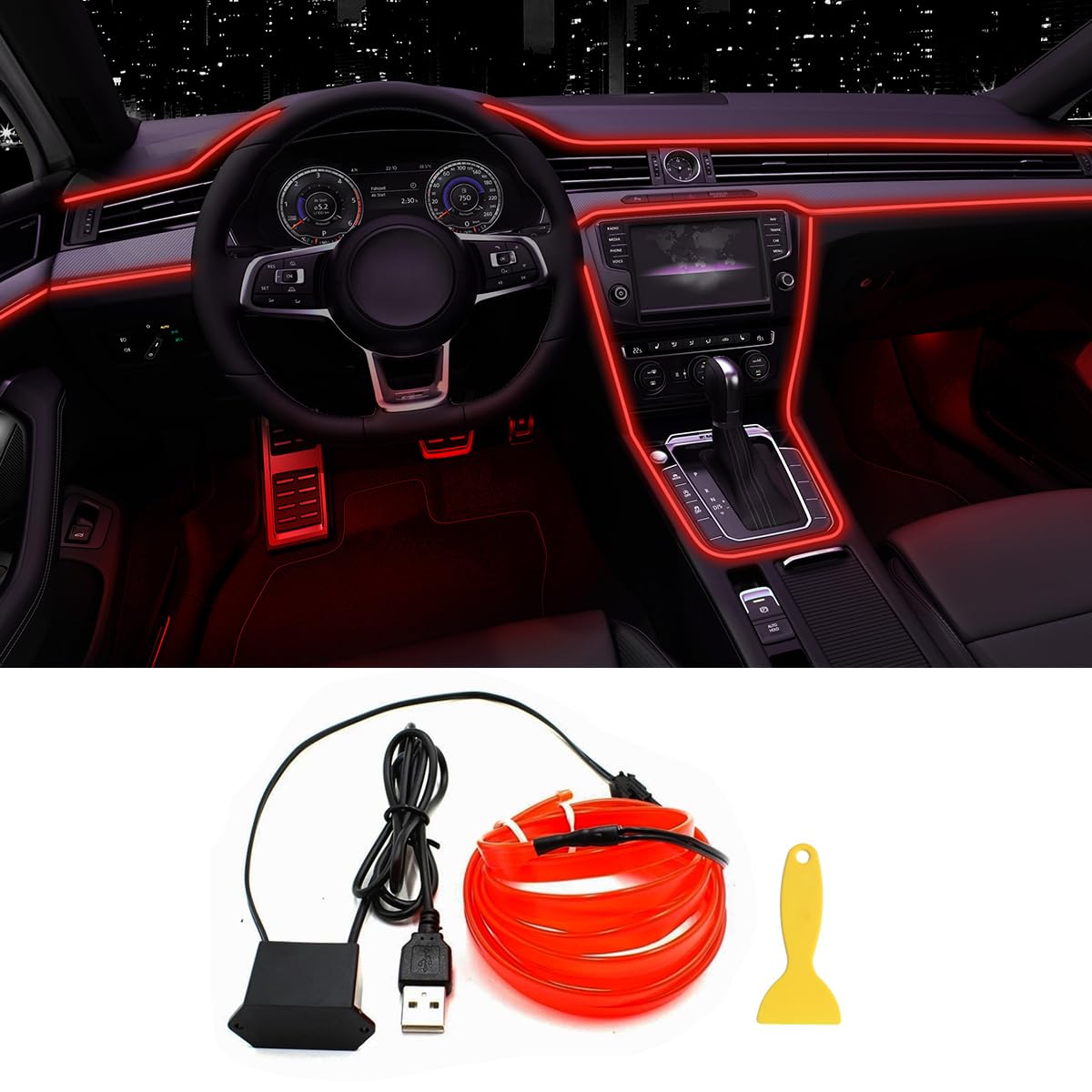 EL Wire Interior Car LED Strip Lights, 16.5FT USB Neon Glowing Strobing Electroluminescent Wire Strip with 6mm Sewing Edge, Ambient Lighting Kits for Car Indoor Decoration (Purple)
