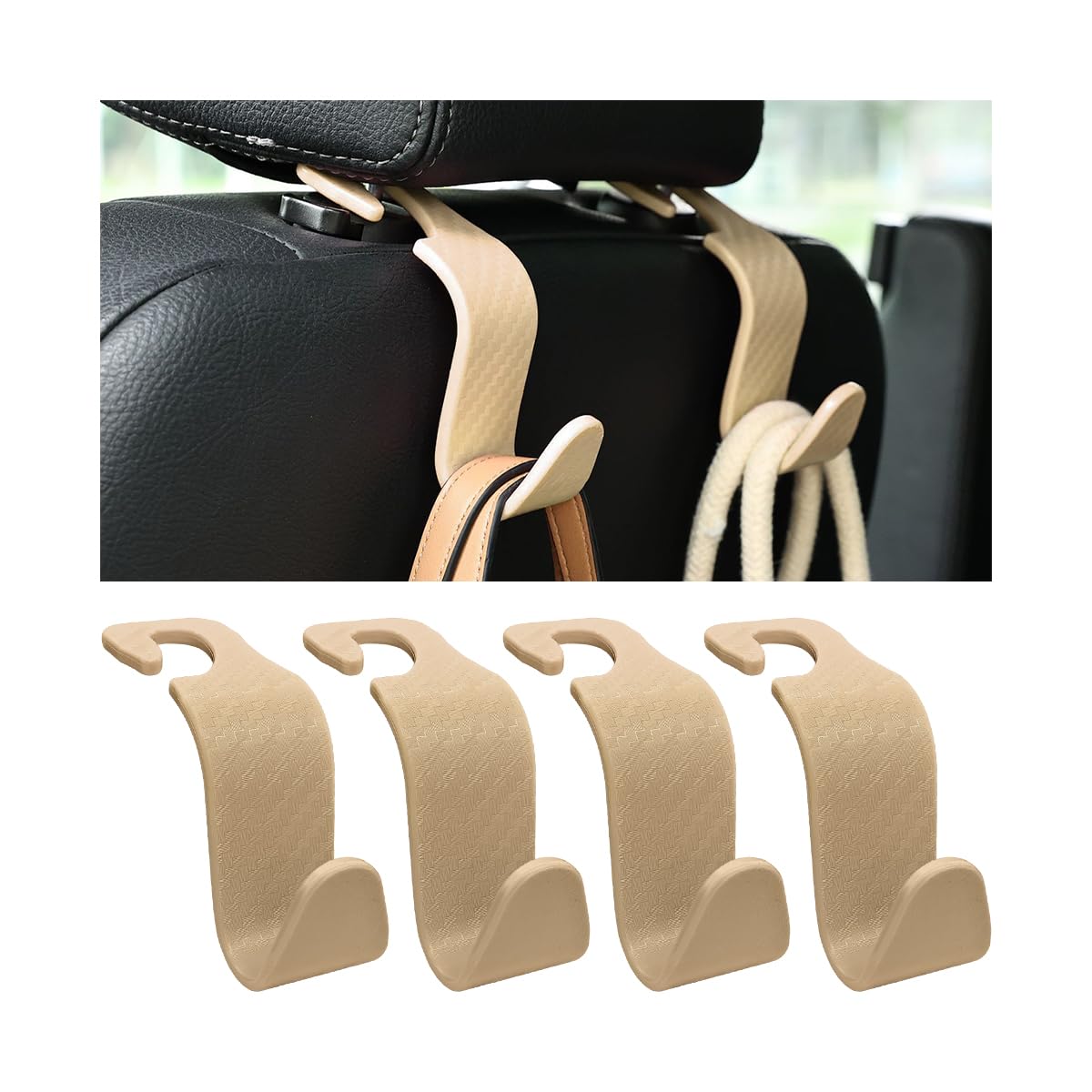 Car Back Seat Headrest Hooks, 4 Pack Carbon Fiber Stylish Back Seat Hanger for Car Handbag Clothes Coats Grocery Bags, Car Interior Accessories (Carbon Fibre/Black)