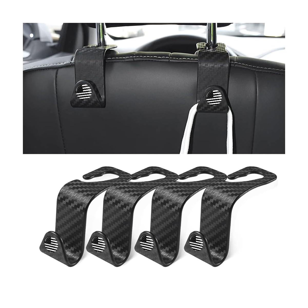 Car Back Seat Headrest Hooks, 4 Pack Carbon Fiber Stylish Back Seat Hanger for Car Handbag Clothes Coats Grocery Bags, Car Interior Accessories (Carbon Fibre/Black)