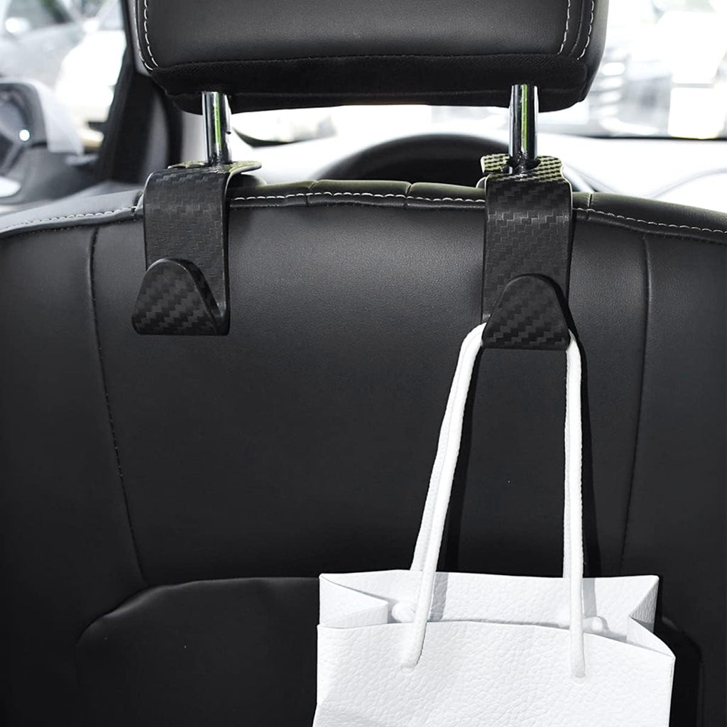 Car Back Seat Headrest Hooks, 4 Pack Carbon Fiber Stylish Back Seat Hanger for Car Handbag Clothes Coats Grocery Bags, Car Interior Accessories (Carbon Fibre/Black)