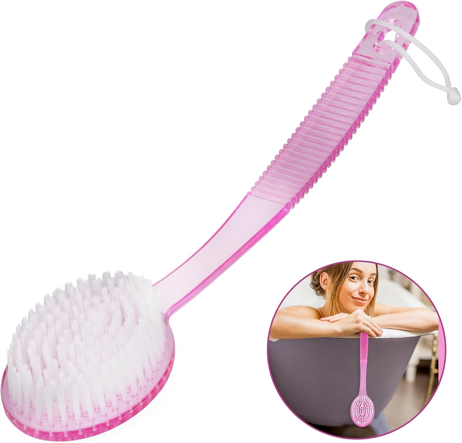 DecorRack Bath Brush with Bristles, Long Handle for Exfoliating Back, Body, and Feet, Bath and Shower Scrubber, Pink (1 Pack)