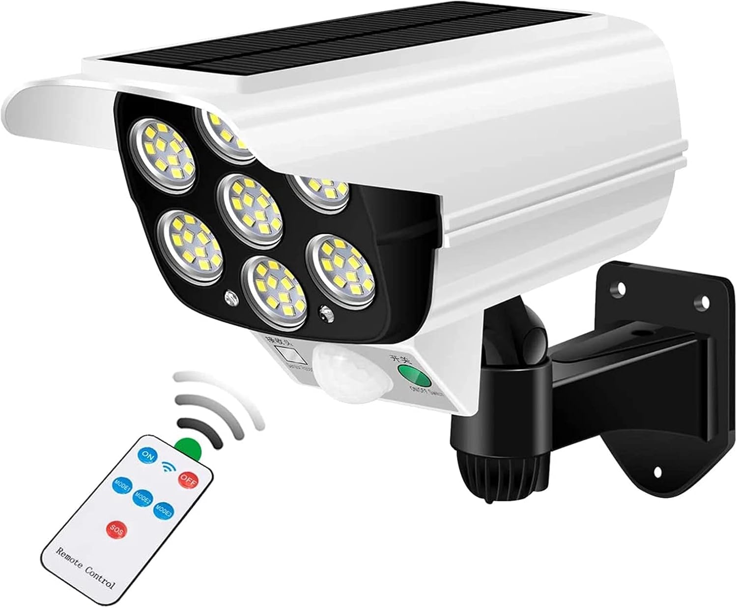 Outdoor Motion Sensor Solar Lights 2000 Lumens 77 LEDs Spotlight With Remote Controller FloodLights Outdoor IP66 Waterproof, Wireless Dummy Decoy Fake Security Camera for Porch Garden Patio Driveway