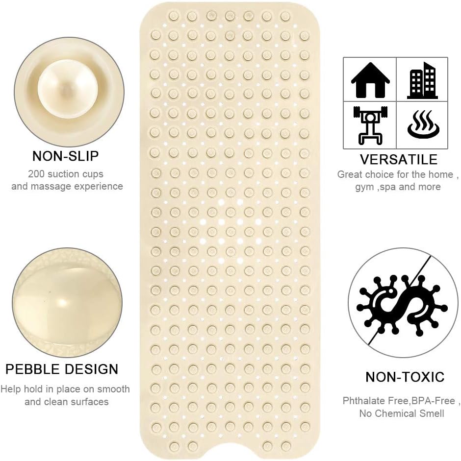 YINENN Bath and Shower Safety Mats 40x16 inch, Non Slip with Suction Cups for Bathroom Stall and Tub Floor, Extra Large and Machine Washable, Drain Holes Keep Bathtub Clean, Beige