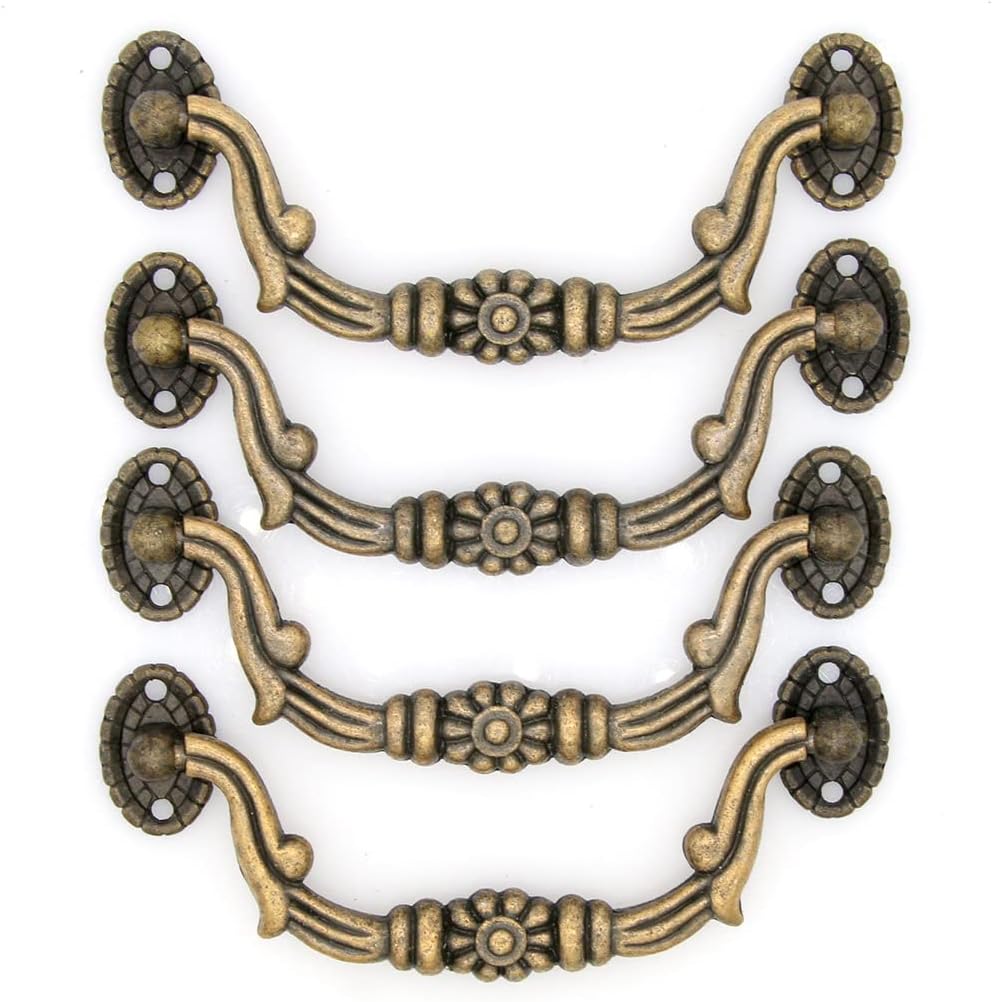 4 PCs Vintage Antique Brass Bail Pull Handle for Dresser, Wooden Drawer, Cabinet Cupboard, Medium Size, Total Length 4.2-in (10.7 cm) and Height 1.7-in (4.4 cm)
